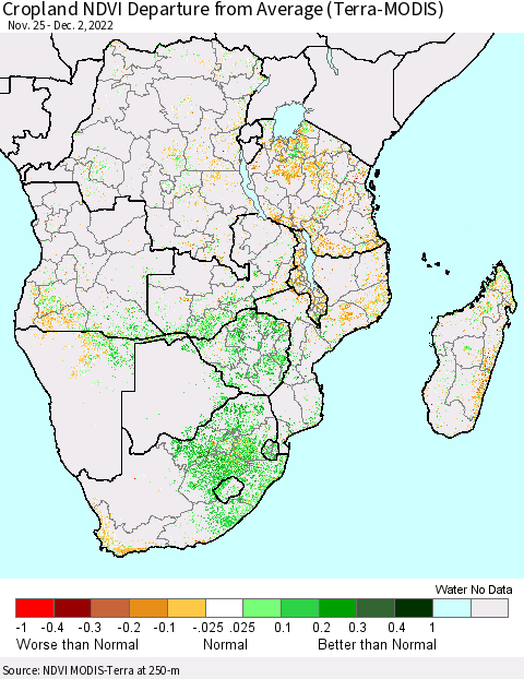 Southern Africa Cropland NDVI Departure from Average (Terra-MODIS) Thematic Map For 11/25/2022 - 12/2/2022