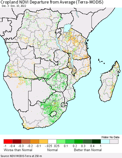 Southern Africa Cropland NDVI Departure from Average (Terra-MODIS) Thematic Map For 12/3/2022 - 12/10/2022