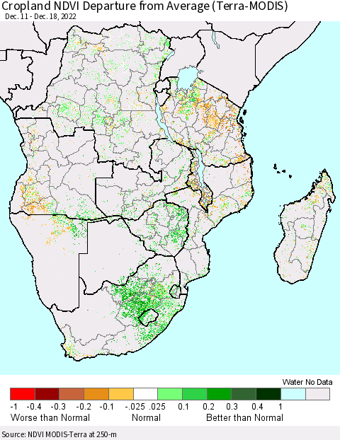 Southern Africa Cropland NDVI Departure from Average (Terra-MODIS) Thematic Map For 12/11/2022 - 12/18/2022