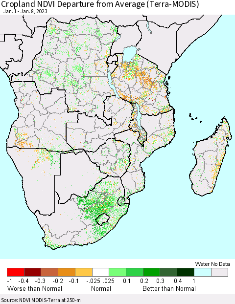 Southern Africa Cropland NDVI Departure from Average (Terra-MODIS) Thematic Map For 1/1/2023 - 1/8/2023