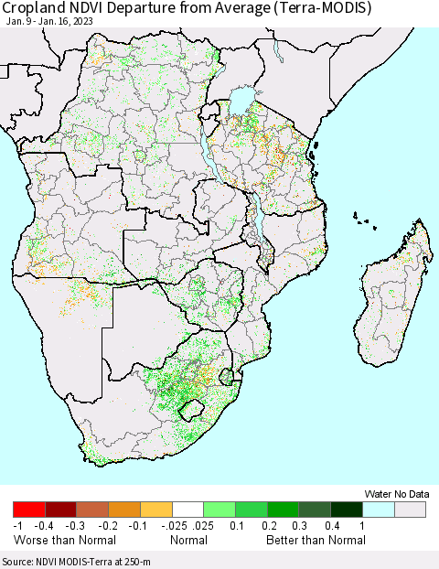 Southern Africa Cropland NDVI Departure from Average (Terra-MODIS) Thematic Map For 1/9/2023 - 1/16/2023