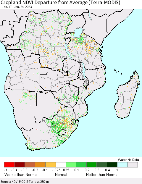 Southern Africa Cropland NDVI Departure from Average (Terra-MODIS) Thematic Map For 1/17/2023 - 1/24/2023