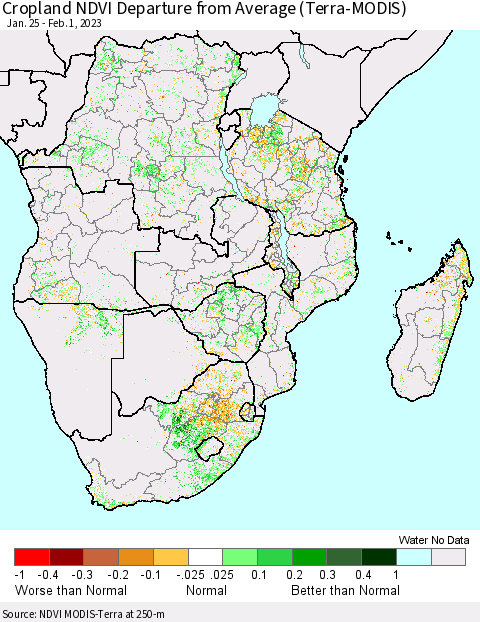 Southern Africa Cropland NDVI Departure from Average (Terra-MODIS) Thematic Map For 1/25/2023 - 2/1/2023