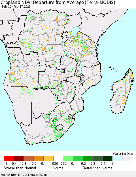 Southern Africa Cropland NDVI Departure from Average (Terra-MODIS) Thematic Map For 2/10/2023 - 2/17/2023