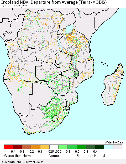 Southern Africa Cropland NDVI Departure from Average (Terra-MODIS) Thematic Map For 2/18/2023 - 2/25/2023