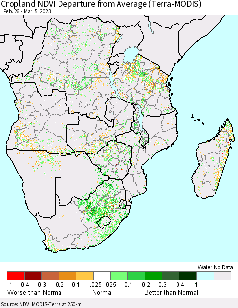 Southern Africa Cropland NDVI Departure from Average (Terra-MODIS) Thematic Map For 2/26/2023 - 3/5/2023
