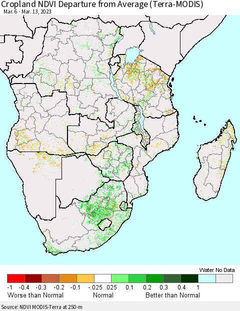 Southern Africa Cropland NDVI Departure from Average (Terra-MODIS) Thematic Map For 3/6/2023 - 3/13/2023