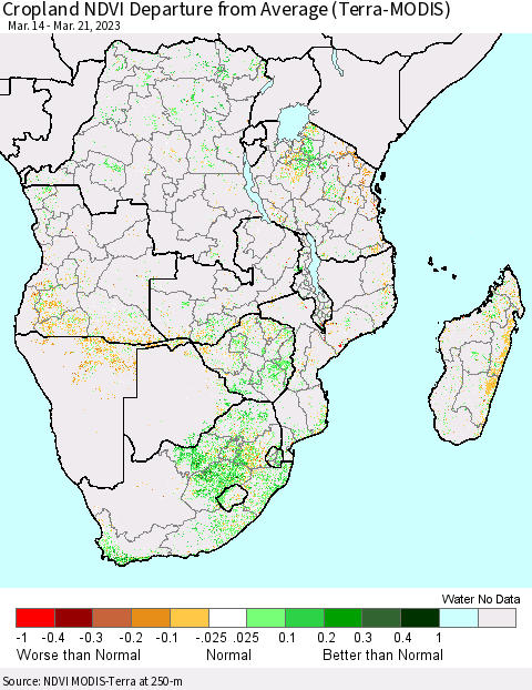 Southern Africa Cropland NDVI Departure from Average (Terra-MODIS) Thematic Map For 3/14/2023 - 3/21/2023
