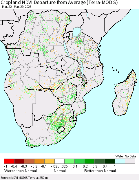 Southern Africa Cropland NDVI Departure from Average (Terra-MODIS) Thematic Map For 3/22/2023 - 3/29/2023