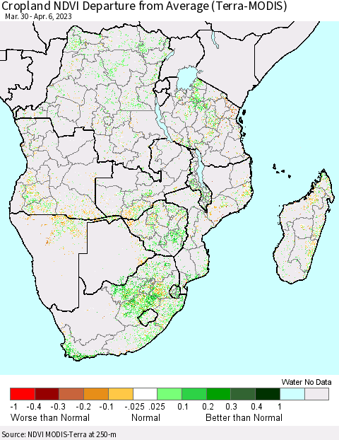 Southern Africa Cropland NDVI Departure from Average (Terra-MODIS) Thematic Map For 3/30/2023 - 4/6/2023