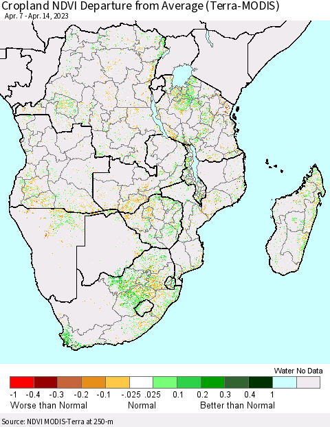 Southern Africa Cropland NDVI Departure from Average (Terra-MODIS) Thematic Map For 4/7/2023 - 4/14/2023