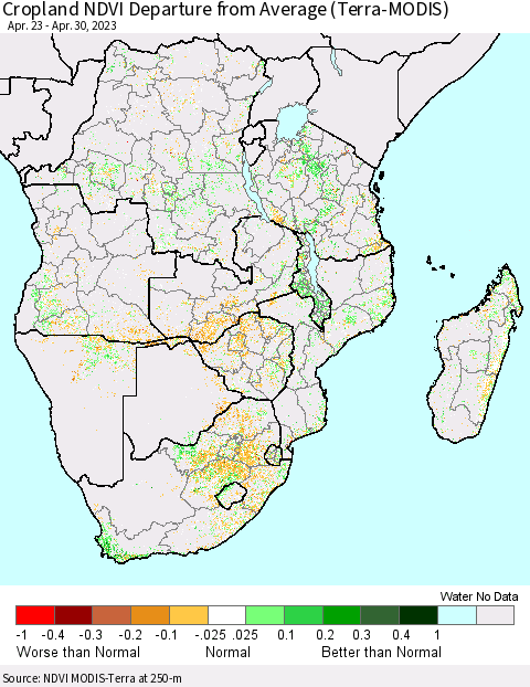 Southern Africa Cropland NDVI Departure from Average (Terra-MODIS) Thematic Map For 4/23/2023 - 4/30/2023