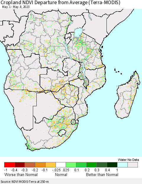 Southern Africa Cropland NDVI Departure from Average (Terra-MODIS) Thematic Map For 5/1/2023 - 5/8/2023