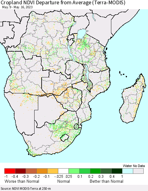 Southern Africa Cropland NDVI Departure from Average (Terra-MODIS) Thematic Map For 5/9/2023 - 5/16/2023