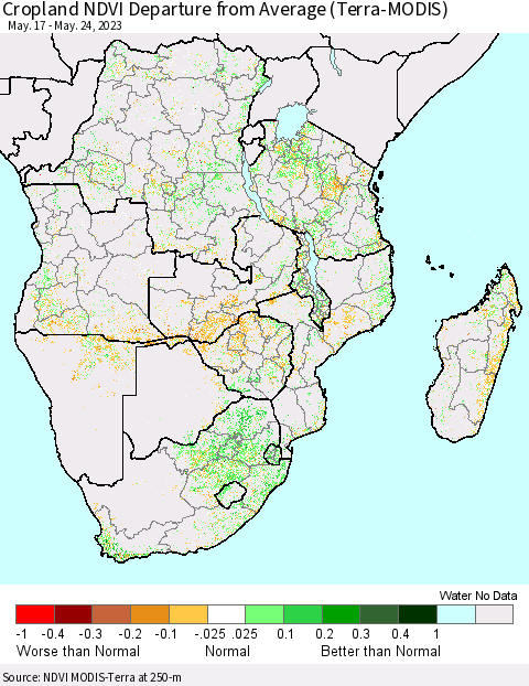 Southern Africa Cropland NDVI Departure from Average (Terra-MODIS) Thematic Map For 5/17/2023 - 5/24/2023