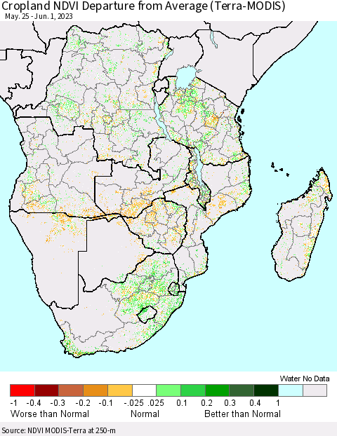 Southern Africa Cropland NDVI Departure from Average (Terra-MODIS) Thematic Map For 5/25/2023 - 6/1/2023
