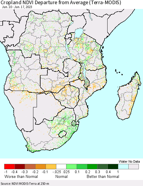 Southern Africa Cropland NDVI Departure from Average (Terra-MODIS) Thematic Map For 6/10/2023 - 6/17/2023