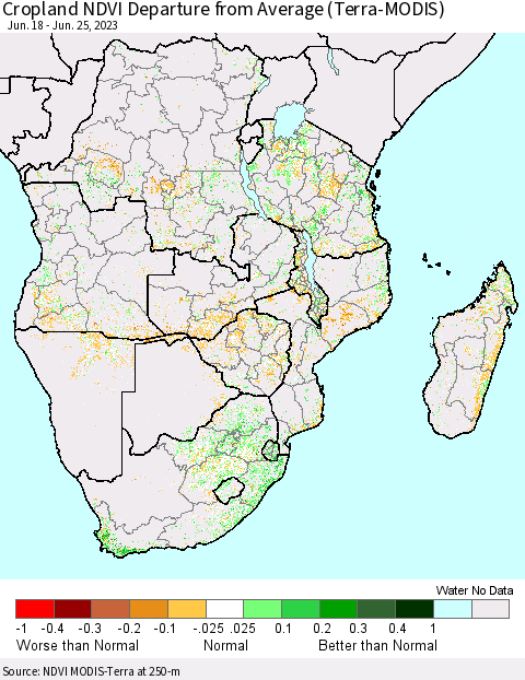 Southern Africa Cropland NDVI Departure from Average (Terra-MODIS) Thematic Map For 6/18/2023 - 6/25/2023