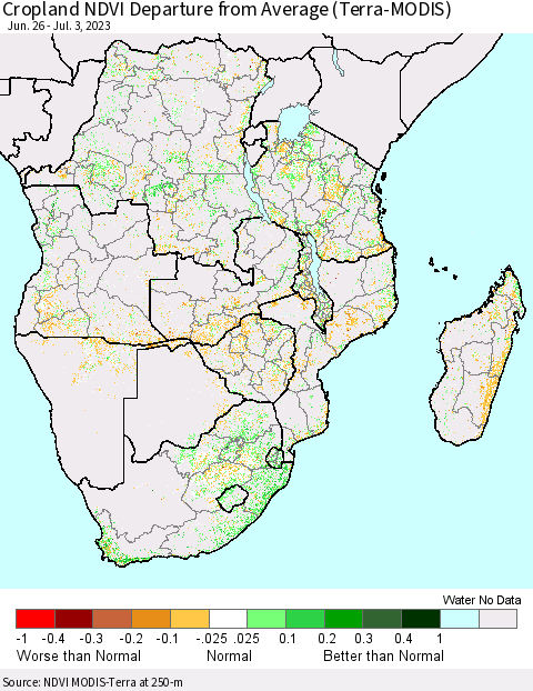 Southern Africa Cropland NDVI Departure from Average (Terra-MODIS) Thematic Map For 6/26/2023 - 7/3/2023