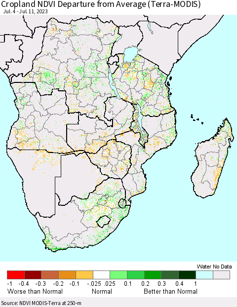 Southern Africa Cropland NDVI Departure from Average (Terra-MODIS) Thematic Map For 7/4/2023 - 7/11/2023