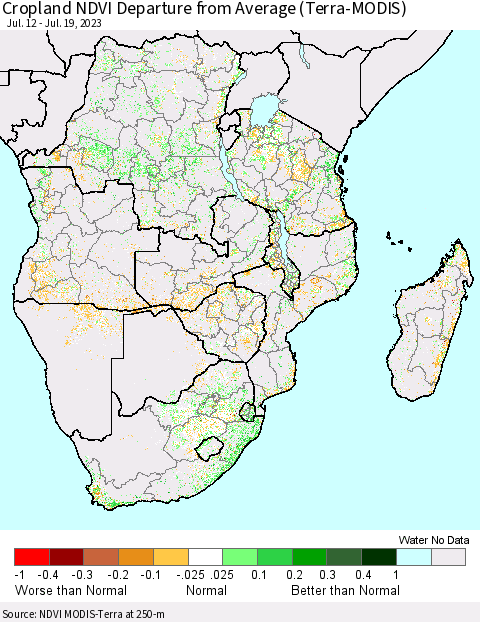Southern Africa Cropland NDVI Departure from Average (Terra-MODIS) Thematic Map For 7/12/2023 - 7/19/2023