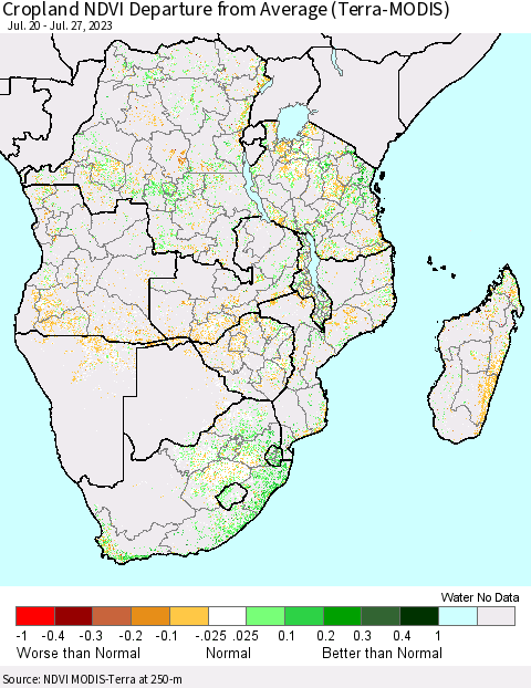 Southern Africa Cropland NDVI Departure from Average (Terra-MODIS) Thematic Map For 7/20/2023 - 7/27/2023