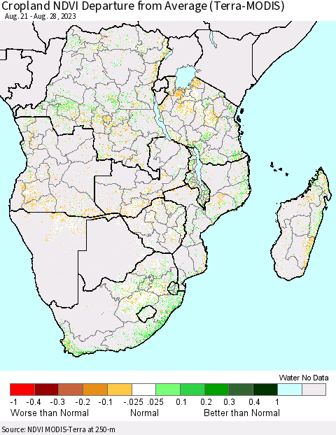 Southern Africa Cropland NDVI Departure from Average (Terra-MODIS) Thematic Map For 8/21/2023 - 8/28/2023