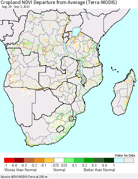 Southern Africa Cropland NDVI Departure from Average (Terra-MODIS) Thematic Map For 8/29/2023 - 9/5/2023