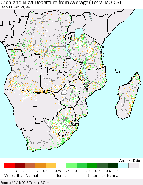 Southern Africa Cropland NDVI Departure from Average (Terra-MODIS) Thematic Map For 9/14/2023 - 9/21/2023