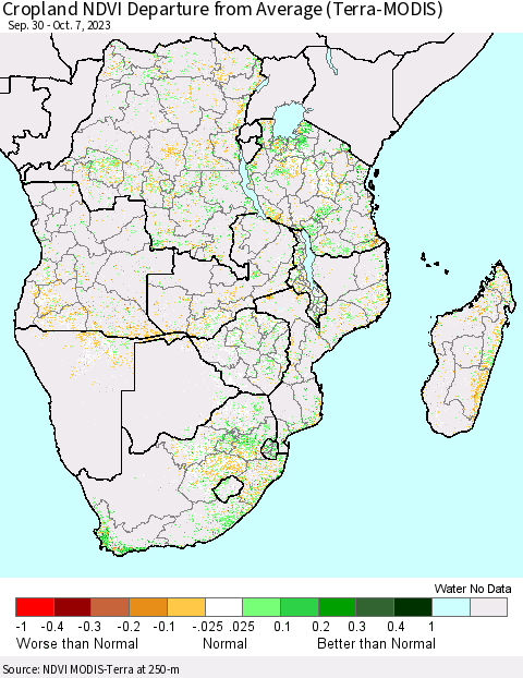 Southern Africa Cropland NDVI Departure from Average (Terra-MODIS) Thematic Map For 9/30/2023 - 10/7/2023