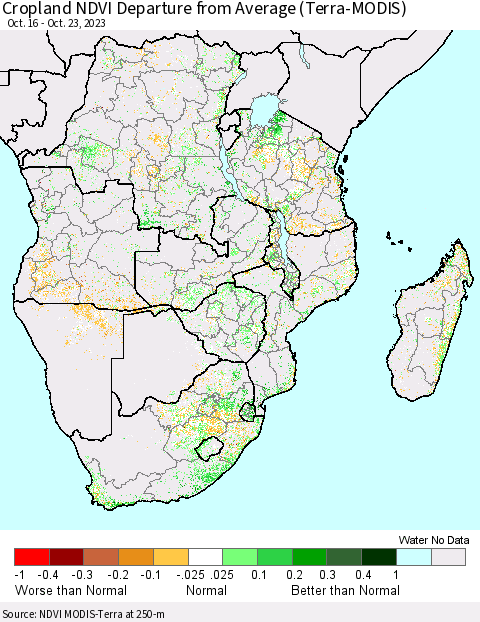 Southern Africa Cropland NDVI Departure from Average (Terra-MODIS) Thematic Map For 10/16/2023 - 10/23/2023