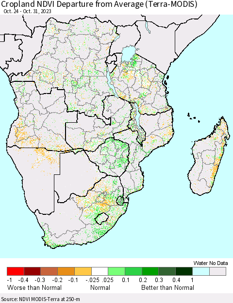 Southern Africa Cropland NDVI Departure from Average (Terra-MODIS) Thematic Map For 10/24/2023 - 10/31/2023