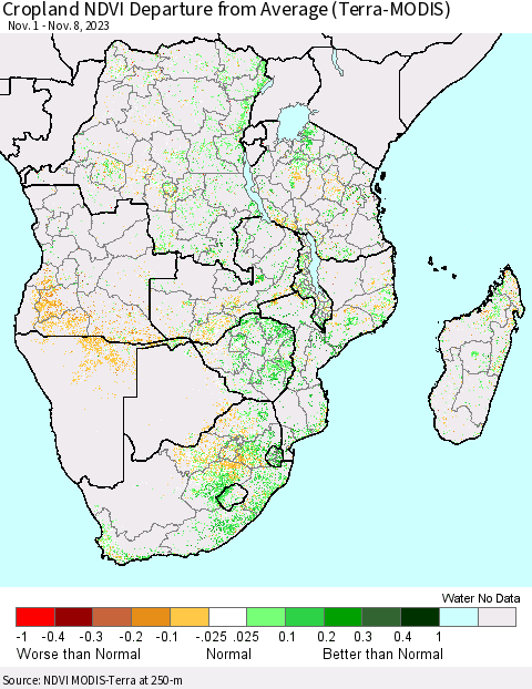 Southern Africa Cropland NDVI Departure from Average (Terra-MODIS) Thematic Map For 11/1/2023 - 11/8/2023