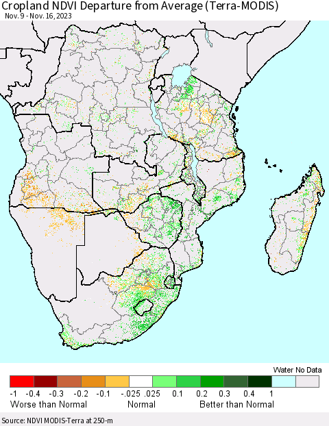 Southern Africa Cropland NDVI Departure from Average (Terra-MODIS) Thematic Map For 11/9/2023 - 11/16/2023