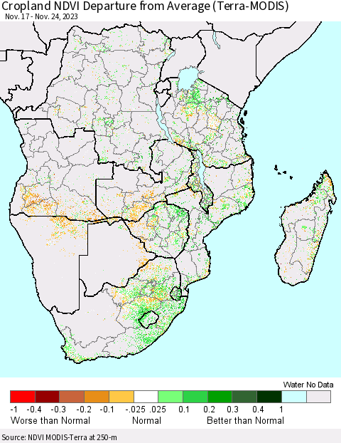 Southern Africa Cropland NDVI Departure from Average (Terra-MODIS) Thematic Map For 11/17/2023 - 11/24/2023