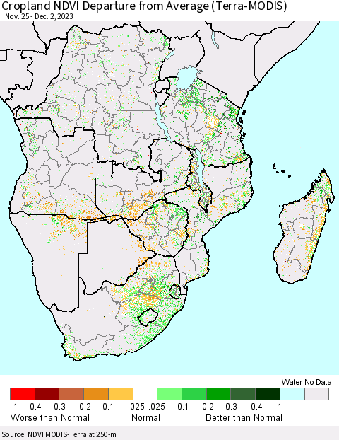 Southern Africa Cropland NDVI Departure from Average (Terra-MODIS) Thematic Map For 11/25/2023 - 12/2/2023