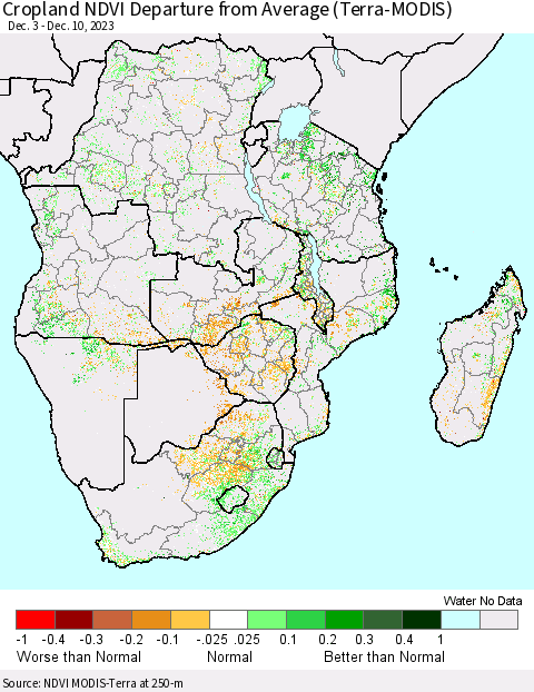 Southern Africa Cropland NDVI Departure from Average (Terra-MODIS) Thematic Map For 12/3/2023 - 12/10/2023