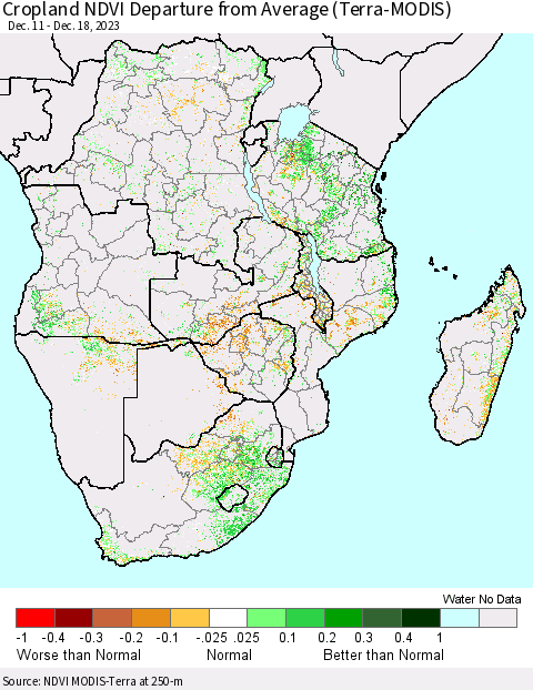 Southern Africa Cropland NDVI Departure from Average (Terra-MODIS) Thematic Map For 12/11/2023 - 12/18/2023