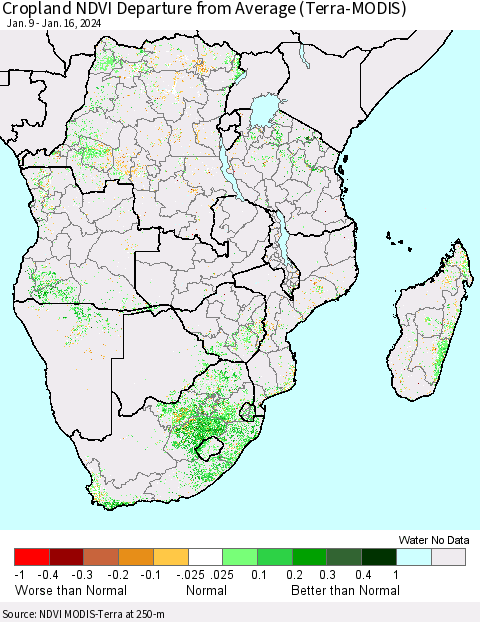 Southern Africa Cropland NDVI Departure from Average (Terra-MODIS) Thematic Map For 1/9/2024 - 1/16/2024
