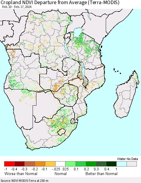 Southern Africa Cropland NDVI Departure from Average (Terra-MODIS) Thematic Map For 2/10/2024 - 2/17/2024