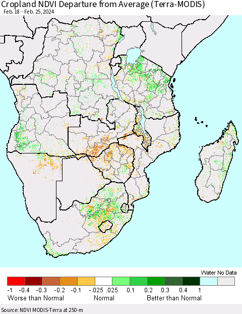 Southern Africa Cropland NDVI Departure from Average (Terra-MODIS) Thematic Map For 2/18/2024 - 2/25/2024