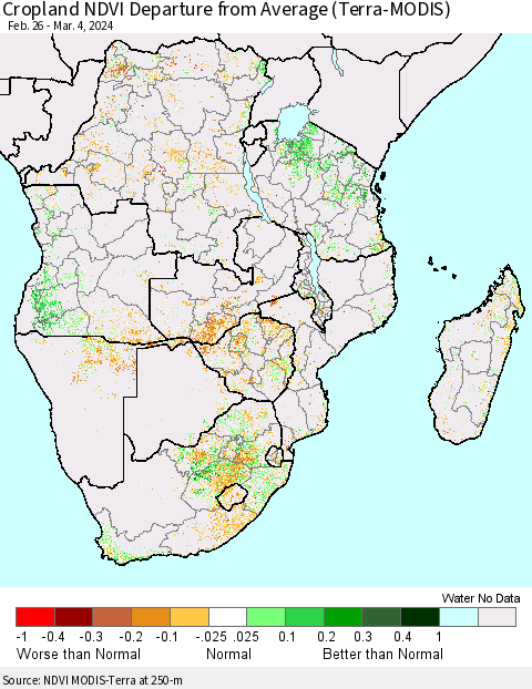 Southern Africa Cropland NDVI Departure from Average (Terra-MODIS) Thematic Map For 2/26/2024 - 3/4/2024