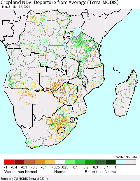 Southern Africa Cropland NDVI Departure from Average (Terra-MODIS) Thematic Map For 3/5/2024 - 3/12/2024
