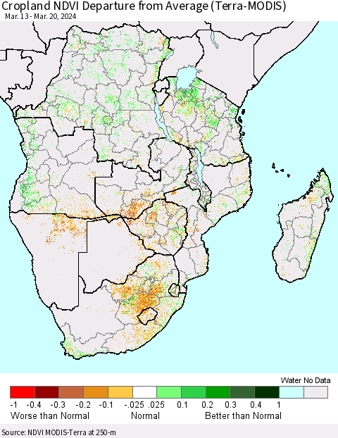 Southern Africa Cropland NDVI Departure from Average (Terra-MODIS) Thematic Map For 3/13/2024 - 3/20/2024
