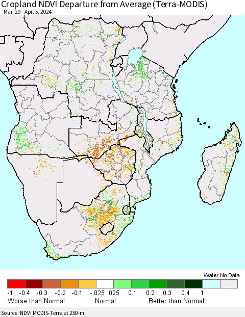 Southern Africa Cropland NDVI Departure from Average (Terra-MODIS) Thematic Map For 3/29/2024 - 4/5/2024