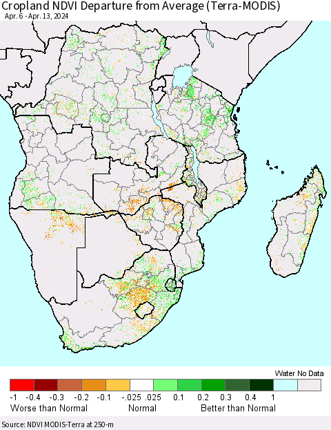 Southern Africa Cropland NDVI Departure from Average (Terra-MODIS) Thematic Map For 4/6/2024 - 4/13/2024