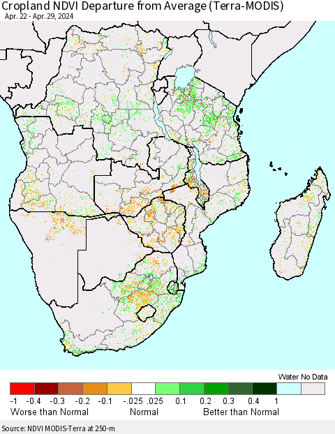 Southern Africa Cropland NDVI Departure from Average (Terra-MODIS) Thematic Map For 4/22/2024 - 4/29/2024