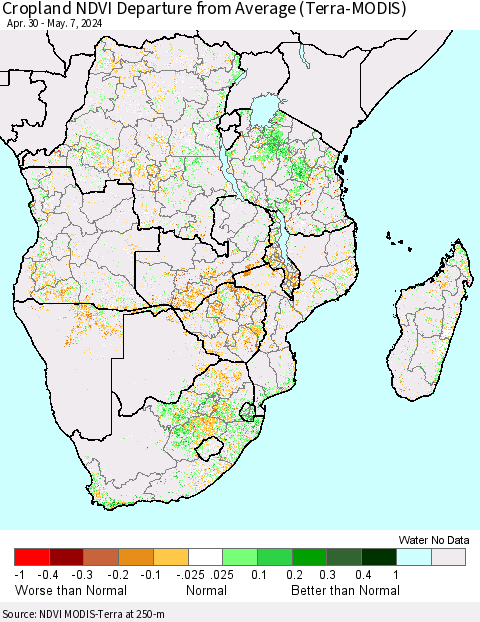 Southern Africa Cropland NDVI Departure from Average (Terra-MODIS) Thematic Map For 4/30/2024 - 5/7/2024
