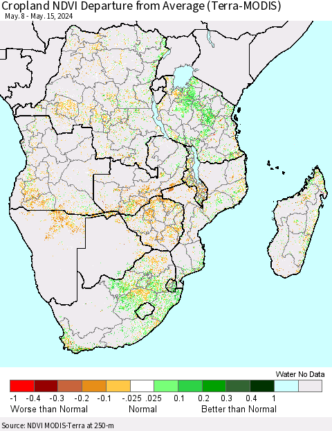 Southern Africa Cropland NDVI Departure from Average (Terra-MODIS) Thematic Map For 5/8/2024 - 5/15/2024