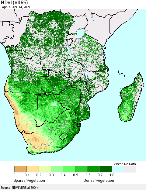 Southern Africa NDVI (VIIRS) Thematic Map For 4/7/2021 - 4/14/2021